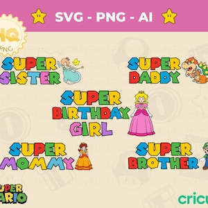 Digital Super Mario Geburtstag SVG-Pack, Mario Familie passende T-Shirts, Squad Party Dekoration, digital druckbares Design, Instant Download