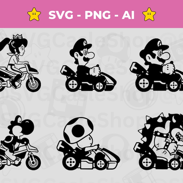 Mario Kart Charakter Silhouetten: SVG, PNG, AI Dateien (Digitaler Download)