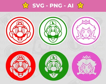 May include: Set of six circular icons featuring characters from the Super Mario Bros. video game franchise. The icons are red, green, and pink, and each features a different character: Mario, Luigi, and Princess Peach. The characters are depicted in a cartoon style with white outlines.