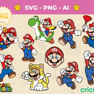 Packung mit Super Mario SVG Schnittdatei, 10 Super Mario Clipart png, Super Mario Brothers svg, Instant Download