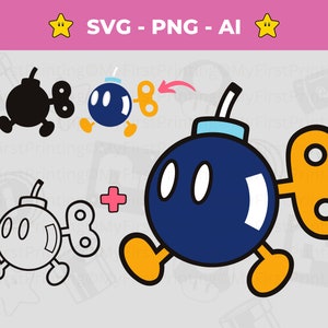 Digitale Mario Bob-omb gesneden SVG-bestand, Super Mario Bomb direct downloaden, SVG voor Cricut & Silhouette, Mario Game, Mario Brothers, png PNGEgg
