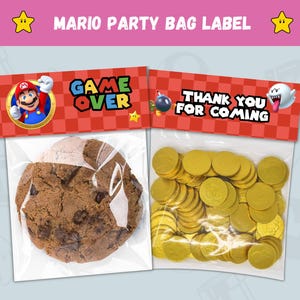 Etiqueta imprimible para bolsa de regalo de fiesta de Mario: galletas Game Over y monedas de chocolate doradas con estilo para tu fiesta de cumpleaños: descarga instantánea