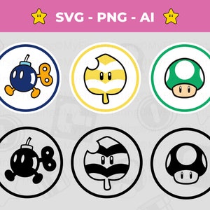 Digital Super Mario Logo Pack, Cricut Vektor Dateien, Bob-omb, Waschbär Blatt, Mushroom Power, Mario Brothers svg, Instant Download
