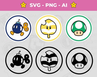 Super Mario SVG Logo Pack: Bob-omb, Raccoon Leaf, Mushroom (Digital Download)