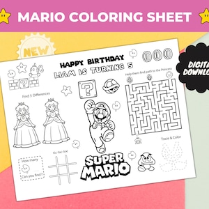 Ausmalbild Aktivität Mario Geburtstagsgeschenk - Super Mario PNG zum selbst Ausdrucken - Sofort Download