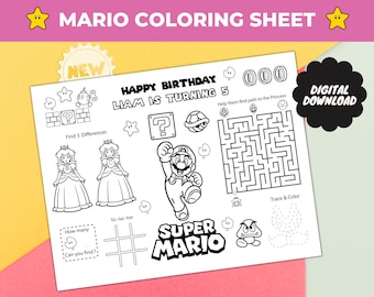 Folha de colorir personalizada de aniversário do Mario: lembrancinha para imprimir (download digital)