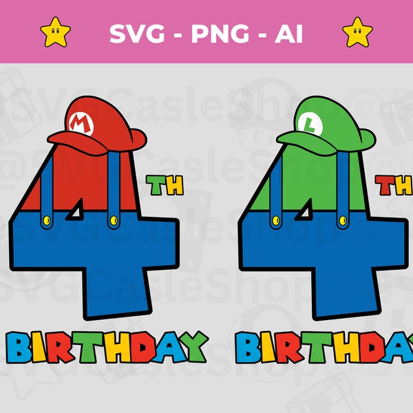 Super Mario 4th birthday SVG PNG, Mario birthday SVG, Vector Cut File, Birthday Boy svg, Mario fourth birthday svg, Cricut, Silhouette