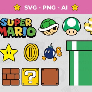 デジタルマリオベクターカットファイルSVG PNGパック - CricutとSilhouetteを使った子供向けクラフトアドベンチャー - マリオゲームインスタントダウンロード