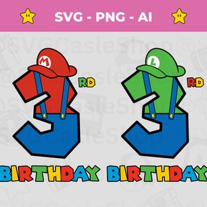 Super Mario 3e verjaardag SVG, png, verjaardag Mario en luigi, Mario derde verjaardag svg, Luigi 3e verjaardag svg, feestvarken svg, Luigi svg