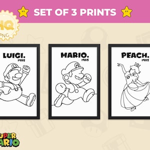 Mario Bros Line Art Poster Set PNG, Minimalist Mario, Luigi & Princess Peach Wall Art, One Line Drawing, Gamer Room Gift, Instant Download