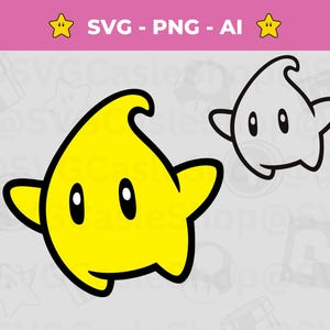 Puede incluir: Un archivo gráfico digital que presenta un personaje con forma de estrella amarilla con contornos negros y ojos negros grandes, acompañado de una versión blanca más pequeña. El texto SVG - PNG - AI aparece en la parte superior.