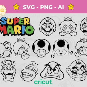 Contour de pack Mario Head SVG - lot de 12 Mario - PNG Mario Face - personnages Mario SVG - jeu bundle svg, - téléchargement numérique Cricut