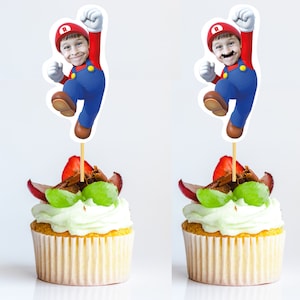 デジタルスーパーマリオバースデープリントカップケーキトッパー、バースデーパーティーデコレーション、パーソナライズカップケーキトッパー、マリオブラザーズステッカー