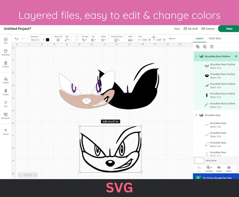 May include: A digital design file featuring a cartoon character's face in two styles. One is a layered design with tan, white, black, and purple elements. The other is a black outline. The image includes the text "Layered files, easy to edit & change colors" and "SVG".