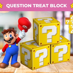 Mario-vragen-traktatieblok | Direct downloaden | Afdrukbaar mysterieblok | Sjabloon Snoepdoos | Mario-broers | Cadeau-feestdoos