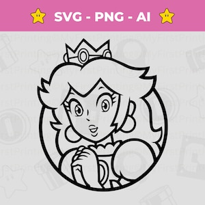 Esboço SVG da Princesa Peach - Super Mario PNG - Jogo Mario - Design de vinil, arquivo de corte Download instantâneo para Silhouette, Cricut e Crafting