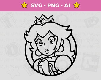 May include: Black and white line art illustration of a princess character with a crown, long hair, and a dress. The character is in a circle.