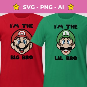 Mario und Luigi Big Bro Lil Bro SVG Png Vektor geschnitten Datei, Silhouette Cricut-Datei, Mario und Luigi Köpfe Clipart, Geburtstagskind svg