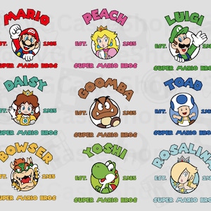 Pack numérique Super Mario SVG, 9 Mario SVG, Svg Princess Peach, Mario Brothers Sublimation Svg, fichier de coupe Cricut, téléchargement immédiat