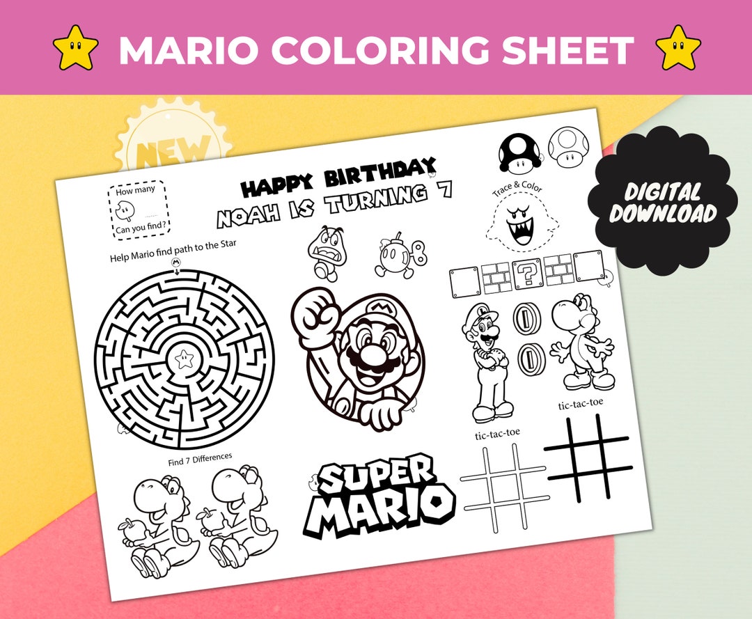 Printable Mario Coloring Sheet, Super Brothers Party Favor, Custom Gaming Brothers Party ...