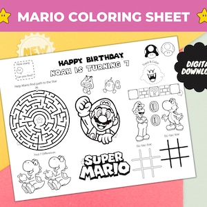 Digital Mario Coloring Placemat, Personalized Super Brothers Party Favor, Gaming Brothers Party Activity Sheet, Mario Birthday Party