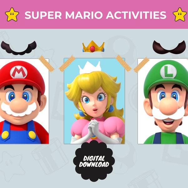 Digital Mario Activities Pack for Kids - Printable Pin the Moustache on Mario Game - Mario Bros Game For Birthday Party - Instant Download