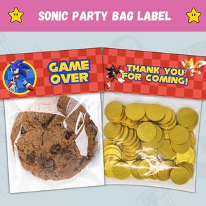 Wydrukuj etykietę na torbę z przysmakami Sonic Party - ciasteczka Game Over Wrap i czekoladowe złote monety w stylu na Twoją imprezę urodzinową - natychmiastowe pobranie