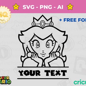 Digitale Prinzessin Pfirsich SVG PNG Vorlage | Benutzerdefinierter Text | Sofortiger Download | Kostenlos Mario Schriftart | Scherenschnitt & Cricut | Mario Brüder svg