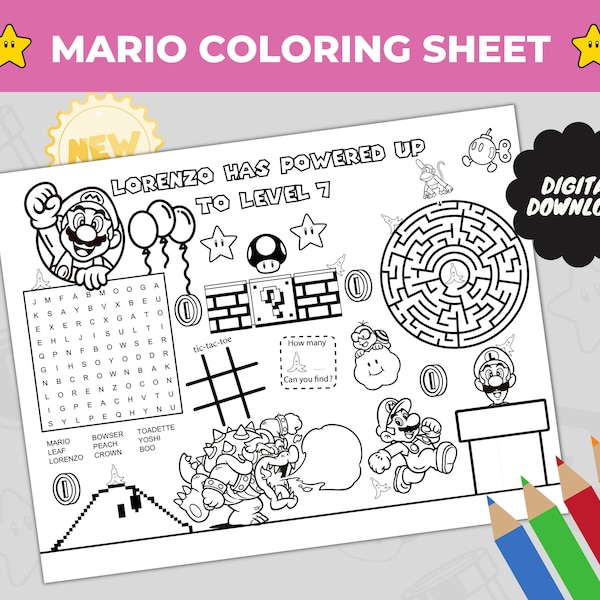 Party Favor, Mario Party Game Coloring Activity Sheet with Word Search, Custom Birthday Activity, Super Mario, Mario Game