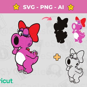 Pode incluir: Ilustração de um personagem de desenho animado rosa com um laço vermelho, segurando um anel e piscando. A imagem inclui opções de arquivos SVG, PNG e AI. A palavra "cricut" está na parte inferior.