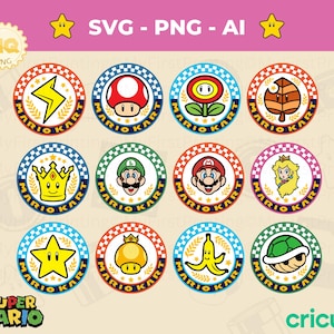 Pack de 24 badges Mario Kart Cup - fichiers SVG colorés - fichiers PNG contour noir - téléchargement numérique - Cricut - Silhouette - Mario Brothers svg