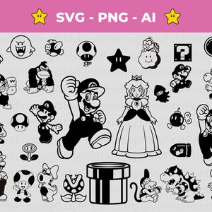 Digital 30 Mario Charaktere SVG Bundle | Vektor-Schnitt-Datei | Bowser svg | Prinzessin Peach Silhouette svg | Ich Vinyl Design | sofort Download