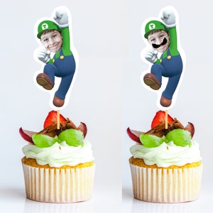 Luigi Cupcake Toppers PNG File, Customized Face Super Mario Birthday Decor, Printable decorations, Photo Cupcake Face on a Stick