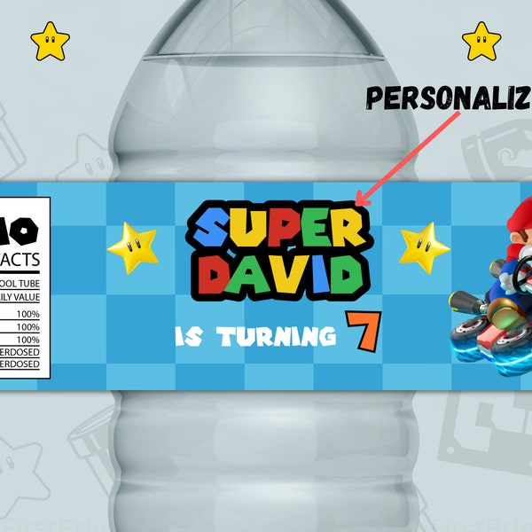 Etiquetas de botellas de agua de Super Mario - Etiquetas personalizadas de botellas de cumpleaños de Super Mario - Mario y Luigi, pegatina de fiesta de cumpleaños de Blue Boy