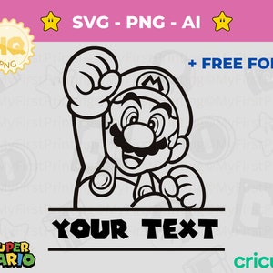 Mario Template SVG PNG, file di taglio vettoriale Download immediato, file di livelli Cricut di compleanno, font Super Mario