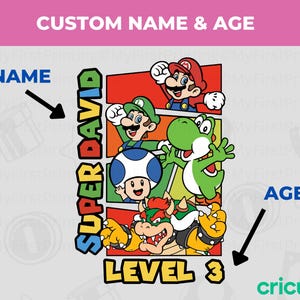 Benutzerdefinierte Super Mario Party SVG PNG, digitales T-Shirt-Geburtstagsdesign mit Mario-Schrift, T-Shirt personalisierter Name, Mario Brothers Sweet-Shirt, Cricut