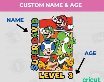 Diseño personalizado de Super Mario para cumpleaños: Camiseta personalizada en formato SVG y PNG (descarga digital).