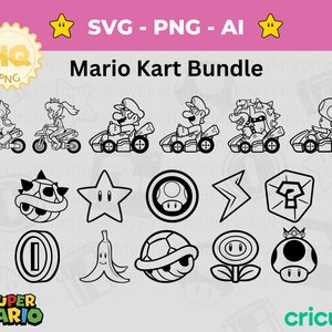 マリオカート SVG バンドル - 16 個パック - スーパーマリオキャラクター png - デジタルダウンロード - マリオカットファイル - Cricut ベクター - マリオブラザーズ svg
