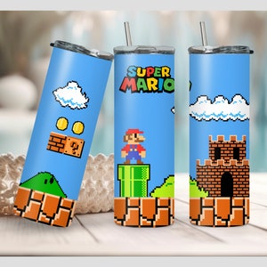 Retro Mario Tumbler Wrap Png | Pixel Mario Bros Retro Game Design | 20Oz Skinny Straight | DIY Tumbler Decal | Gamer Gift Instant Download
