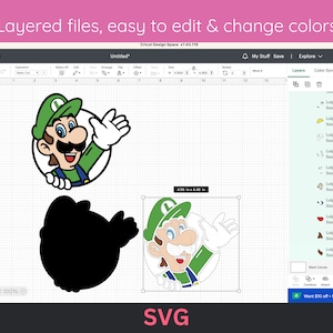May include: A layered SVG design of a cartoon character, Luigi from the Super Mario Bros. video game series. The design is in green, black, and white and is ready to be edited and customized.