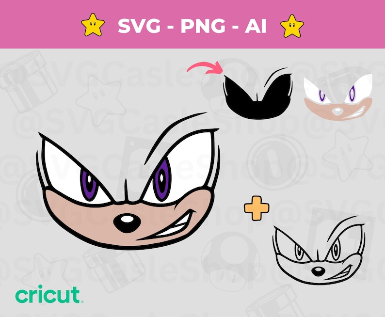 May include: A digital graphic featuring a cartoon character's face with white fur, purple eyes, and a tan muzzle. The image includes variations of the face, a black shape, and the text "SVG - PNG - AI" and "cricut".