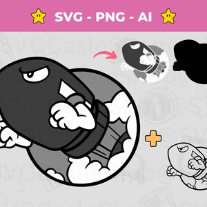 May include: Black and white cartoon illustration of a Bullet Bill character, a black bullet with a white face and hands, surrounded by a white cloud. The image includes the text "SVG - PNG - AI" and a star icon.