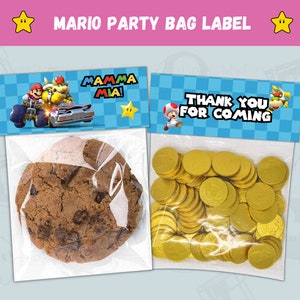 Super Mario Party Leckerli Beutel Etikett - Mit Papiertüten und Schokolade Goldmünzen und Keksen für die Geburtstagsparty