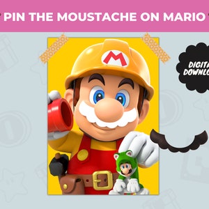 Pin the Moustache on Mario Game Birthday Activity, Printable Mario Maker Birthday Party Game for Kids, Digital Mario, instant download
