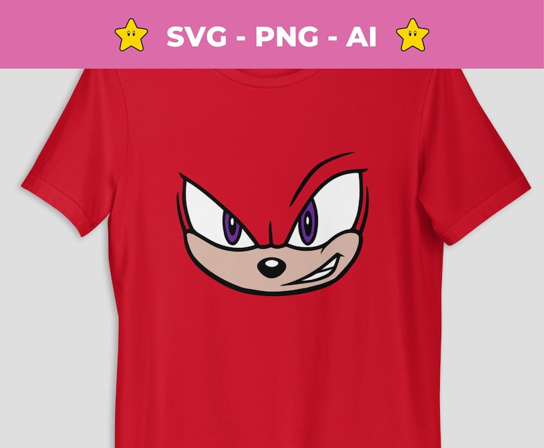 May include: Red t-shirt featuring a graphic of a cartoon character's face with white, purple, and tan details. The text "SVG - PNG - AI" is at the top of the image.