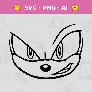 May include: Black and white line art of a cartoon character's face, featuring sharp eyes, a small nose, and a smiling mouth. The text "SVG - PNG - AI" is at the top, with star icons on either side.
