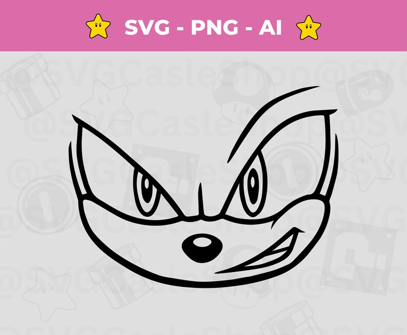 May include: Black and white line art of a cartoon character's face, featuring sharp eyes, a small nose, and a smiling mouth. The text "SVG - PNG - AI" is at the top, with star icons on either side.