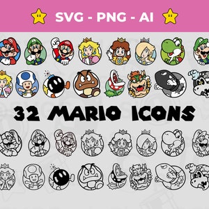 Digitale Mario Brothers Icons SVG - Packung mit 32 Super Mario Charakteren - Prinzessin Peach SVG Vektor Schnitt Datei - Instant Download