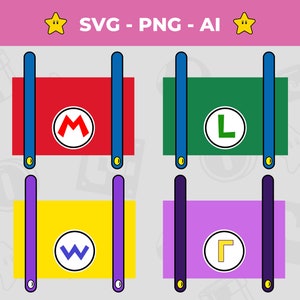 Halloween Kostüm Mario Thema SVG Bundle, 4er Pack Super Mario Charakter Kleid, Klempner SVG Thema, Hosenträger svg, Geburtstagsparty-Shirt