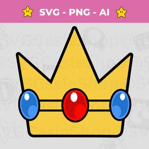 プリンセスピーチSVGクリップアートクラウンSVG、すぐに印刷できるクリカットとPNGファイル、印刷可能なプリンセスピーチpng、スーパーマリオpng、即時ダウンロード